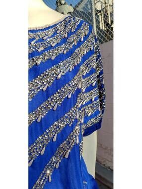 JOSEPH LEBON 1986 Silk Blouse Short Sleeve Beaded Pearl Drops Electric Blue L